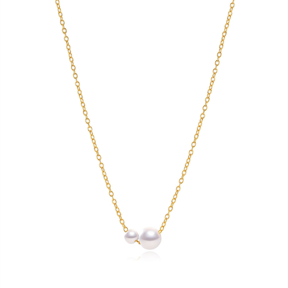 Double Pearl Station Necklace - 14K Gold Plated Sterling Silver