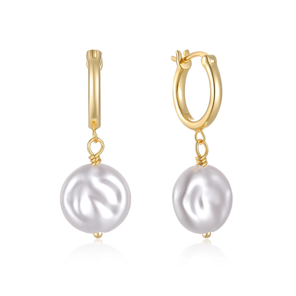 Huggie Hoop Earrings with flat Pearl Charm - 14K Gold Plated Sterling Silver