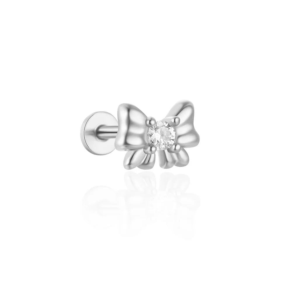 Bow Flat Back Earring with Cubic Zirconia - Sterling Silver