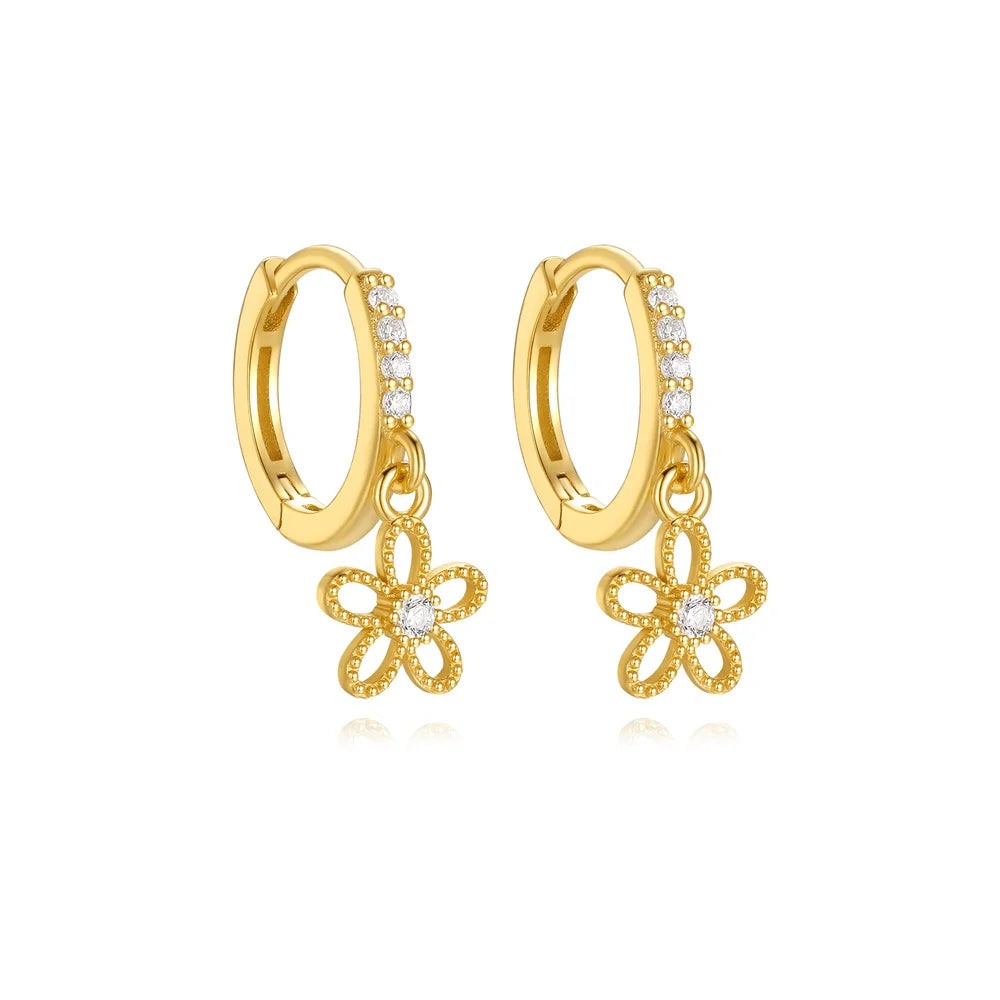 Huggie Hoop Earring with Cubic Zirconia Flower Charm - 14K Gold Plated Sterling Silver