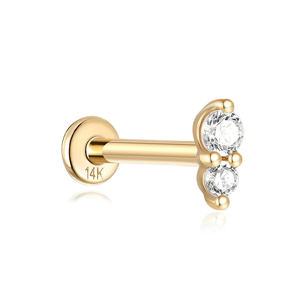 Double Stone Stud Flat back Earring with Cubic Zirconia - 14K Gold Plated Sterling Silver