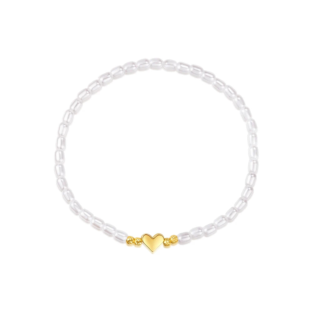 Heart Charm Stretch Bracelet with Pearl Seed Beads - 14K Gold Plated Sterling Silver