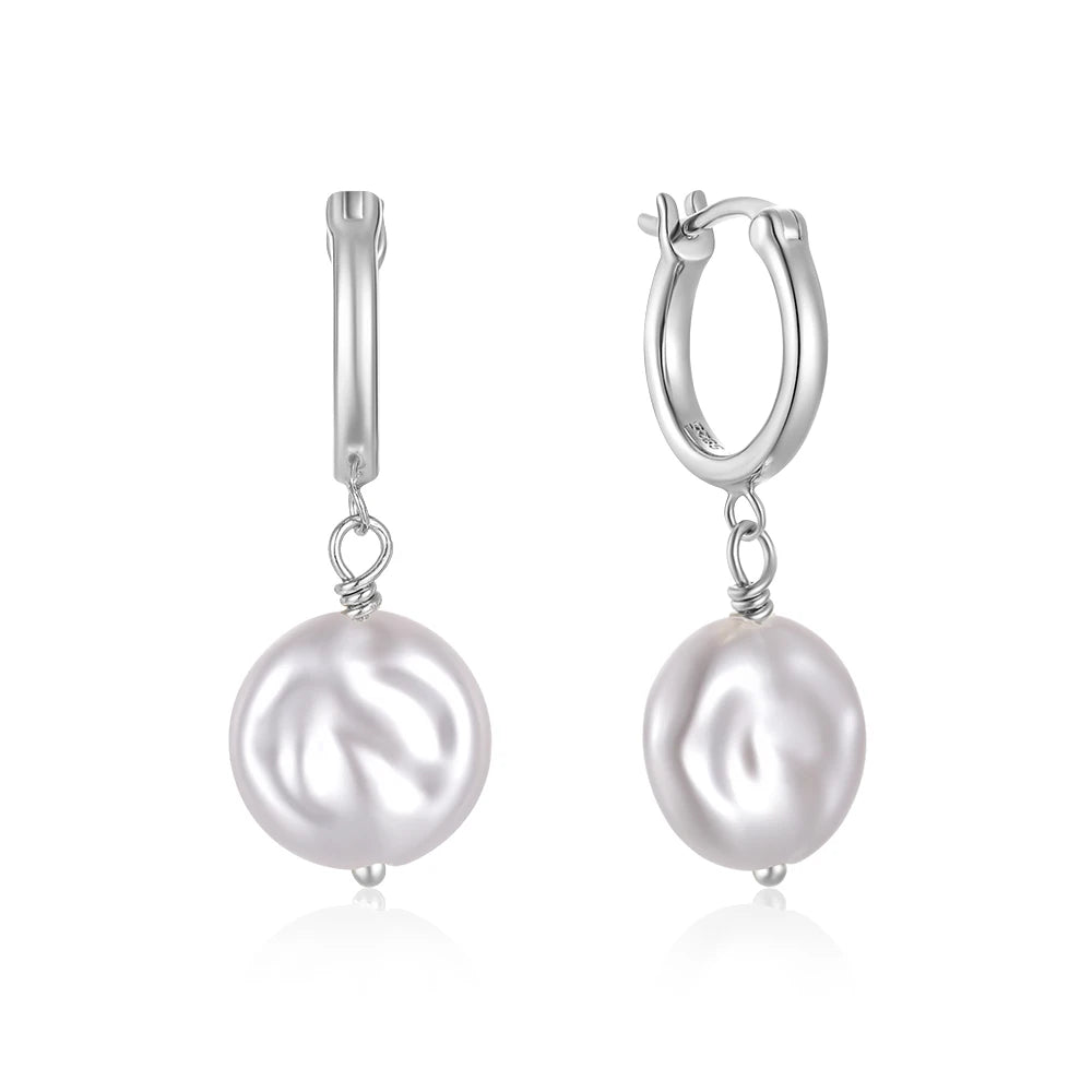 Huggie Hoop Earrings with flat Pearl Charm - Sterling Silver