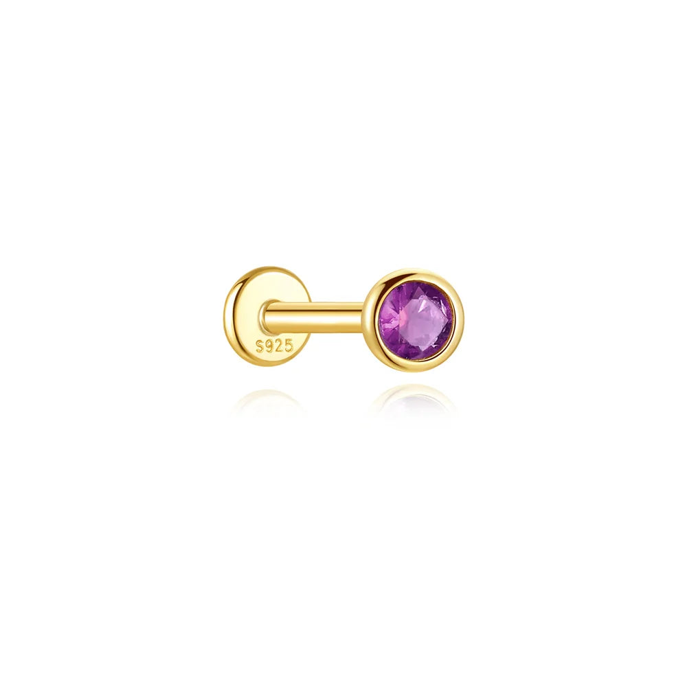 Round Bezel Set Flat Back Earring with Amethyst - 14K Gold Plated Sterling Silver
