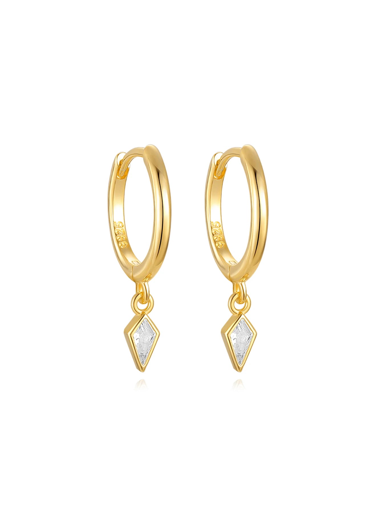 Huggie Hoop Earrings with cubic zirconia drop charm - 14K Gold Plated Sterling Silver