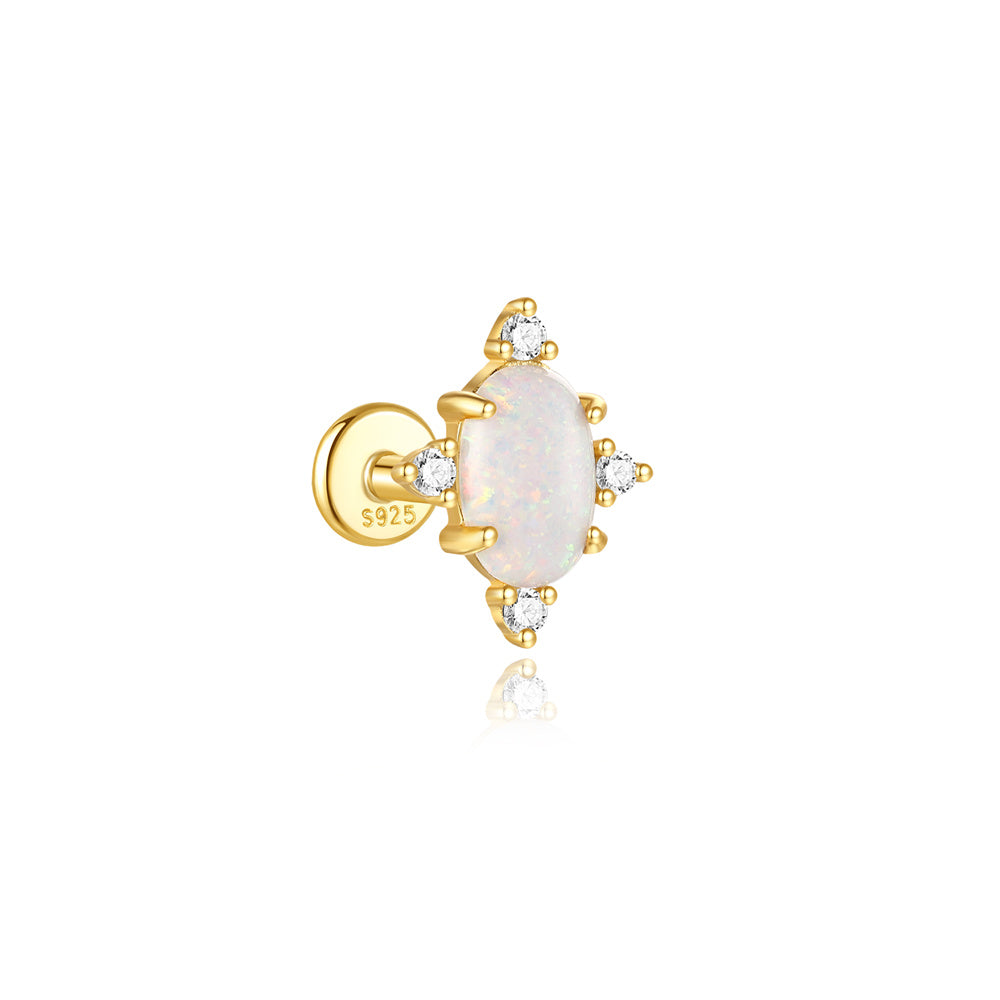 Opal Flat Back Stud Earring with Cubic Zirconia - 14K Gold Plated Sterling Silver