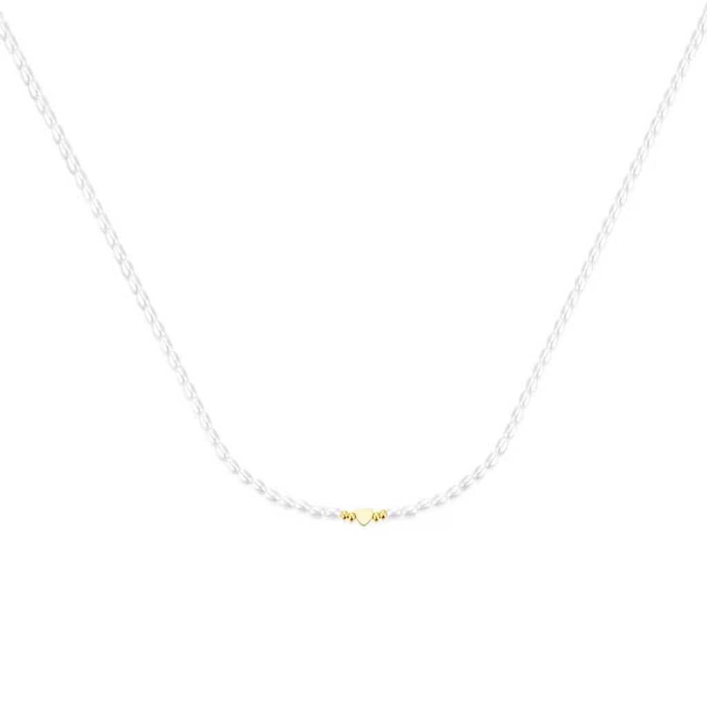 Silver Heart Charm Necklace with Pearls - 14K Gold Plated Sterling Silver