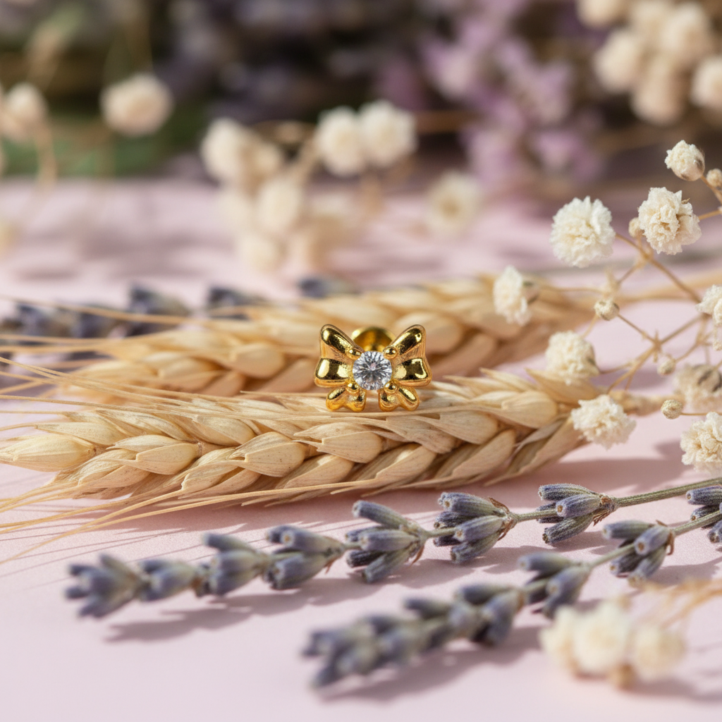 Eloree Bow Flat Back Earring: 14K Gold Plated Sterling Silver with Cubic Zirconia