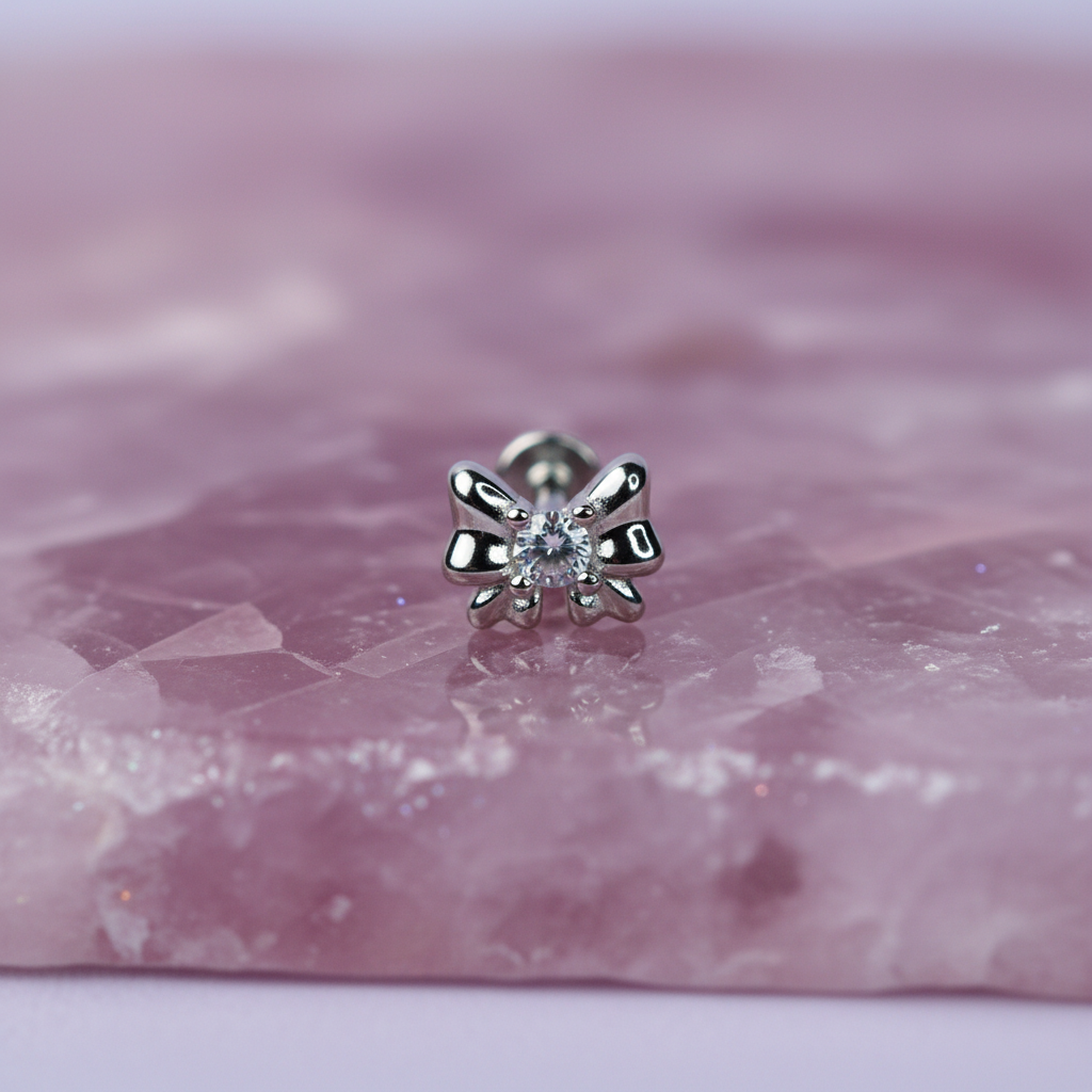 Bow Flat Back Earring with Cubic Zirconia - Sterling Silver