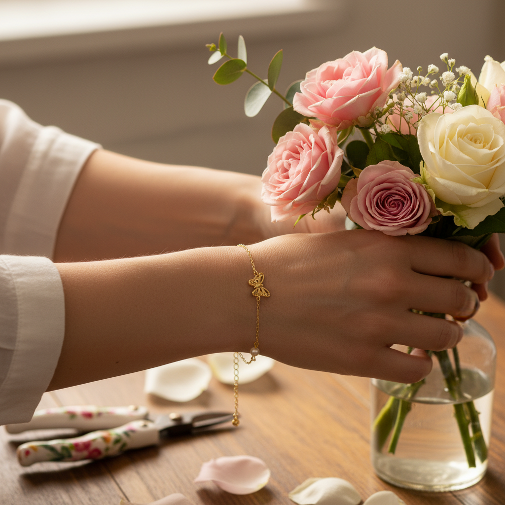 Butterfly Bracelet with Pearls - 14K Gold Plated Sterling Silver