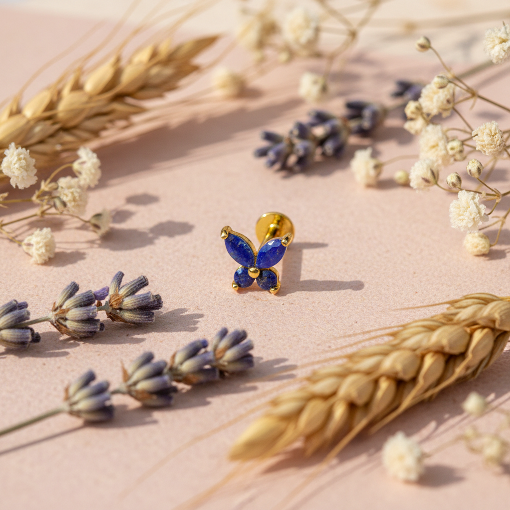 Butterfly Stud Earring. Lapis Lazuli 14K Gold Plated Sterling Silver. Eloree Jewellery product.