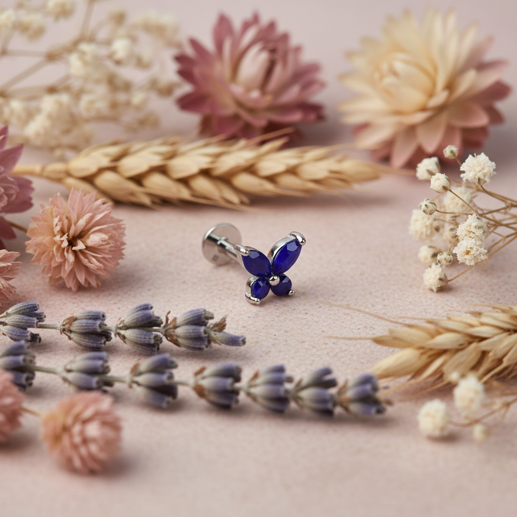 Eloree Jewellery Butterfly Stud Earring: Sterling silver lapis lazuli flatback for helix, conch piercing.