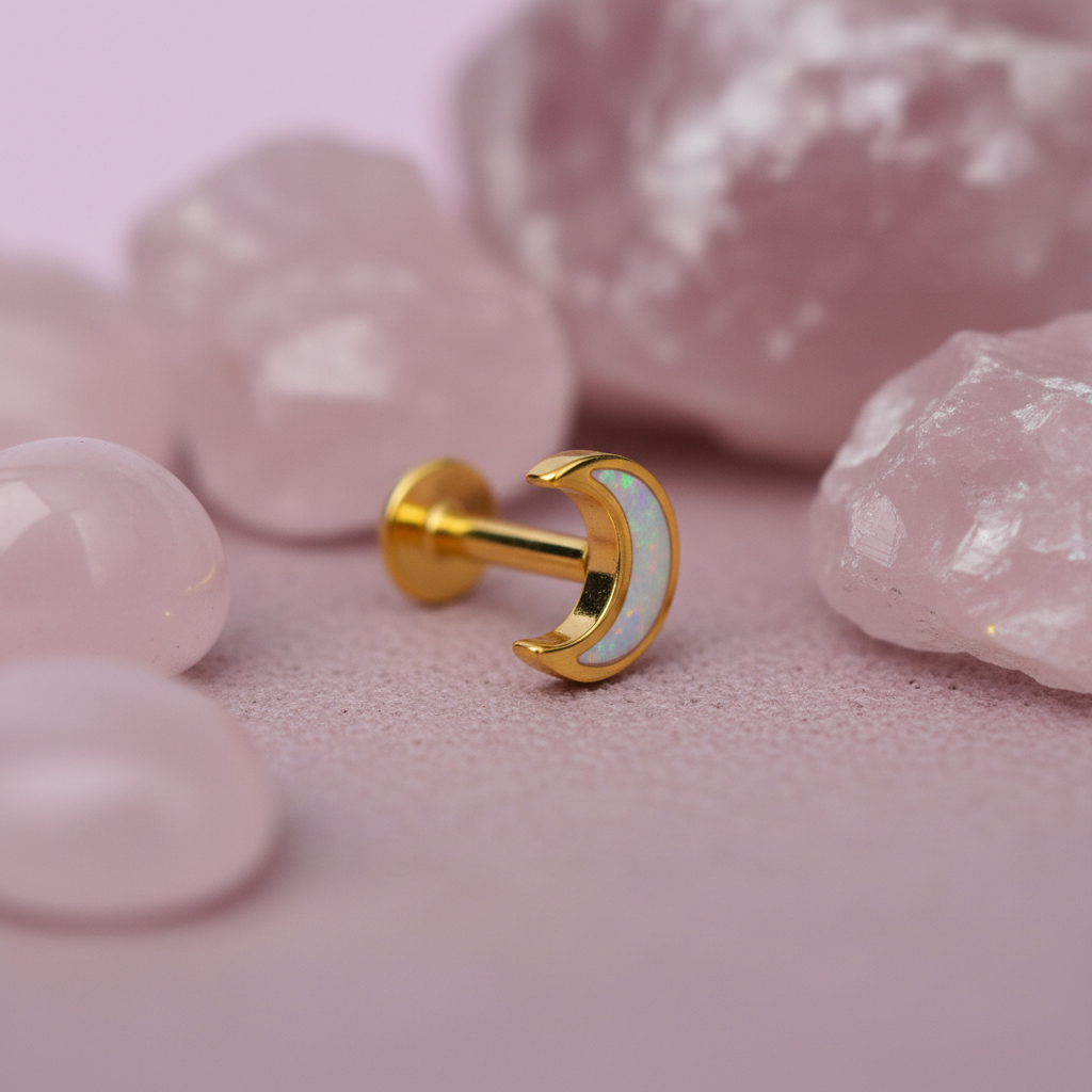 Crescent Moon Stud Flat Back Earring with Opal - 14K Gold Plated Sterling Silver