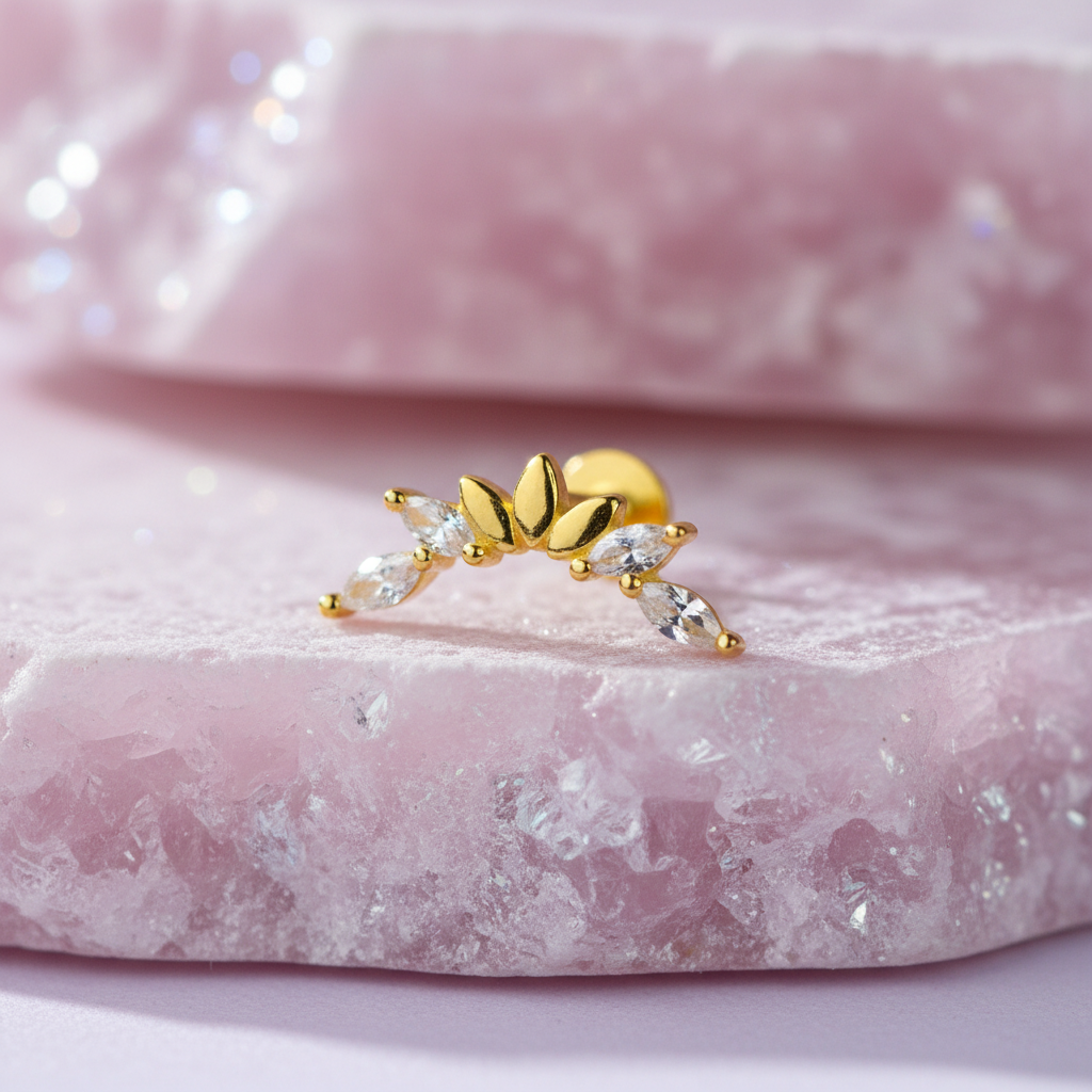 Curved Petal Stud Earring with Cubic Zirconia - 14K Gold Plated Sterling Silver