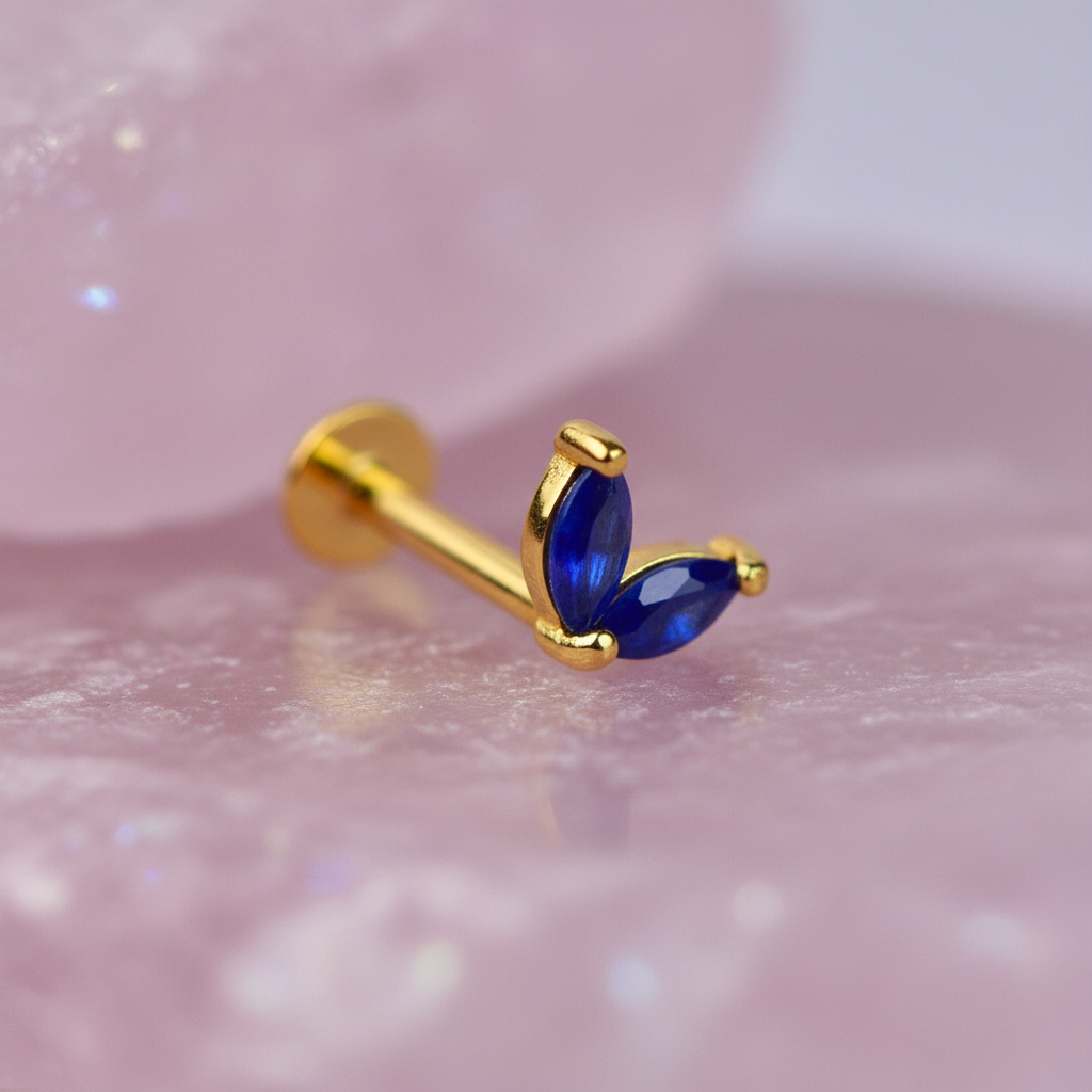 Double Marquise Flat Back Earring with Lapis Lazuli - 14K Gold Plated Sterling Silver