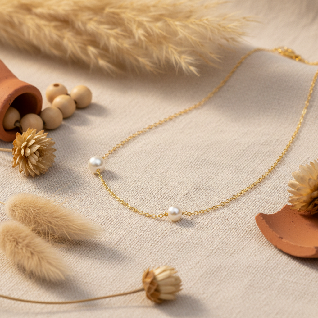 Double Pearl Station Necklace - 14K Gold Plated Sterling Silver