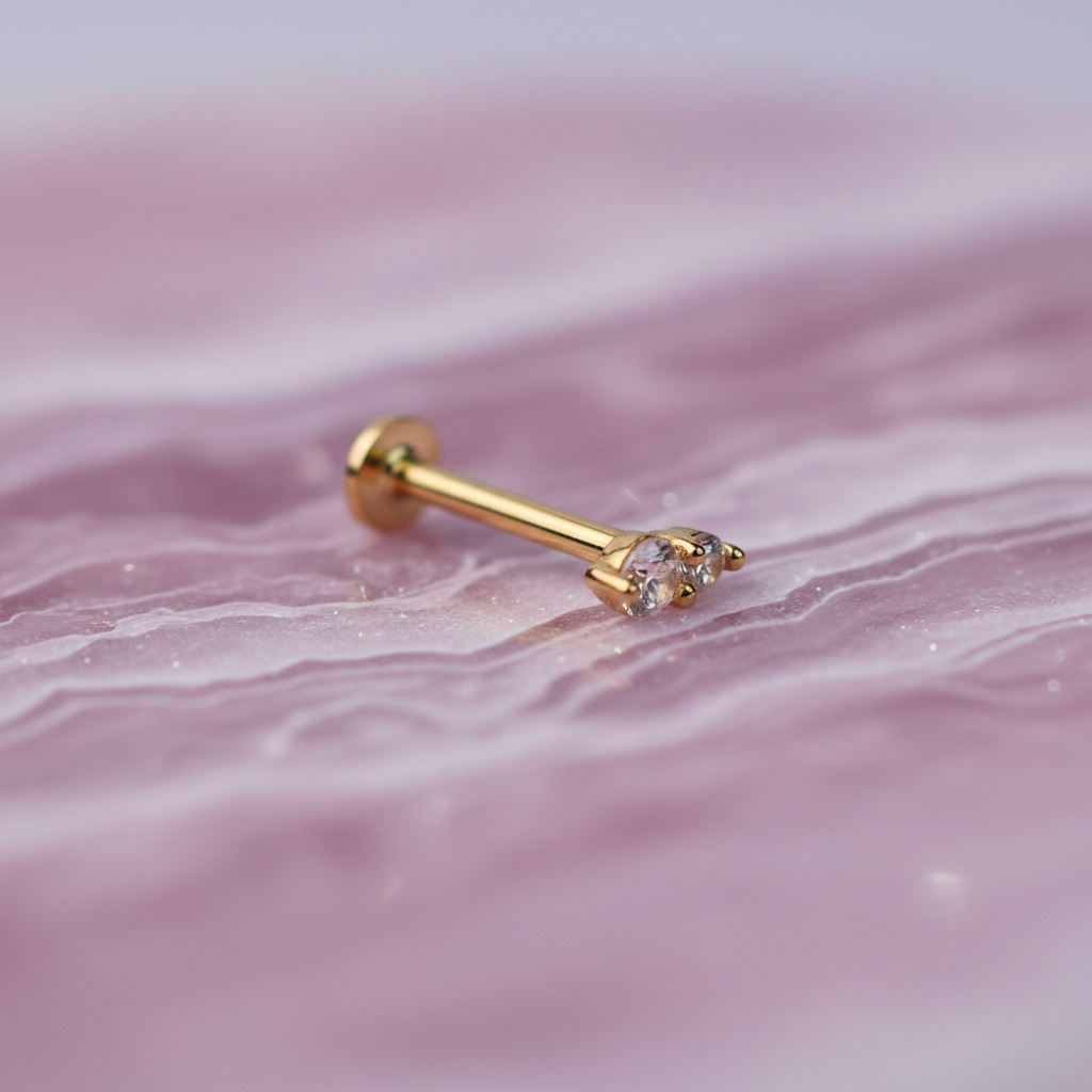 Double Stone Stud Flat back Earring with Cubic Zirconia - 14K Gold Plated Sterling Silver