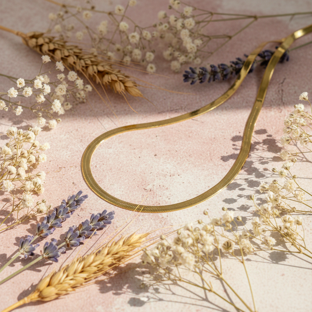 Eloree Jewellery Flat Herringbone Chain Necklace - 18K Gold Plated Sterling Silver necklace.