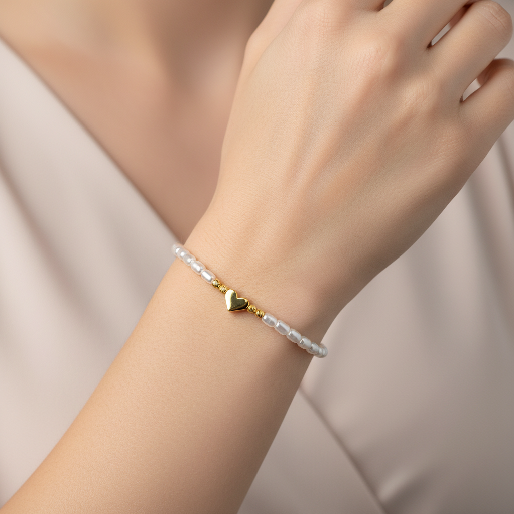 Heart Charm Stretch Bracelet with Pearl Seed Beads - 14K Gold Plated Sterling Silver