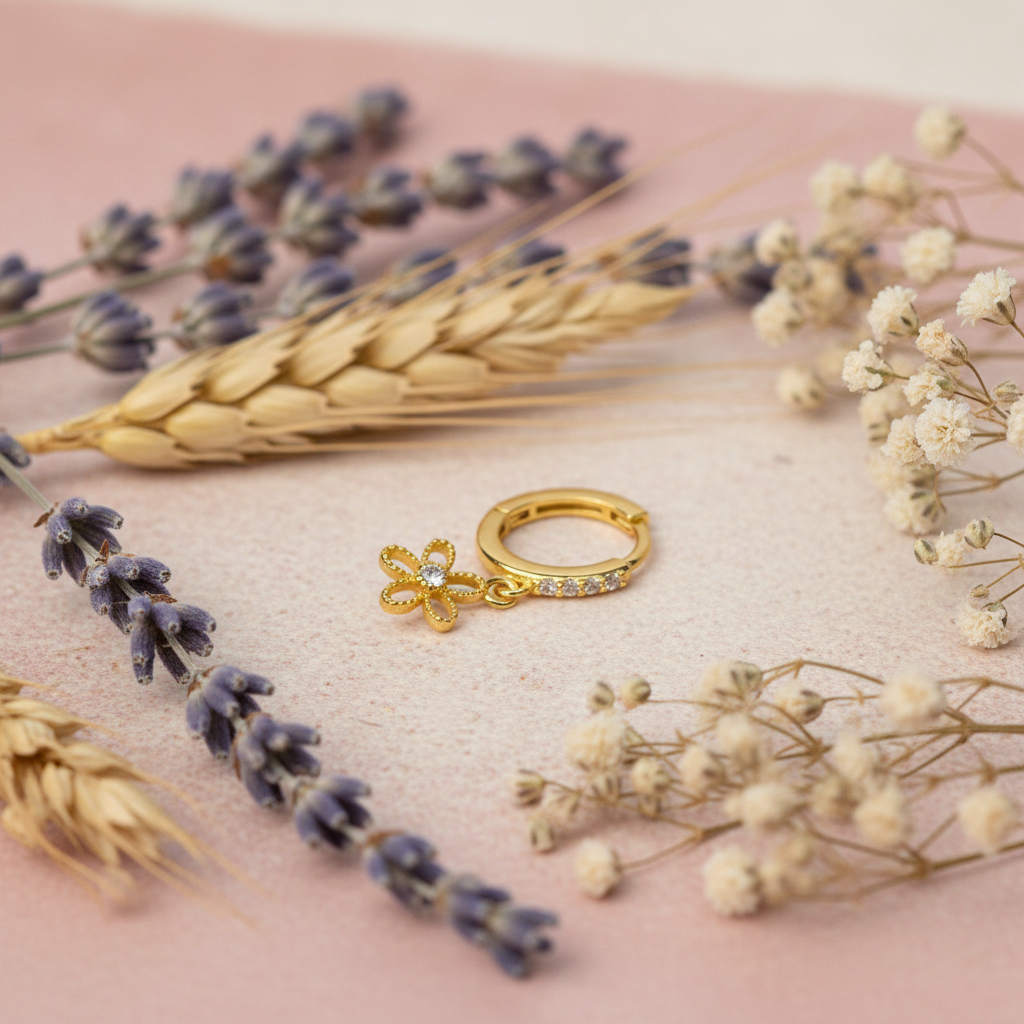 Eloree Huggie Hoop Earring. Gold plated sterling silver with cubic zirconia flower charm.