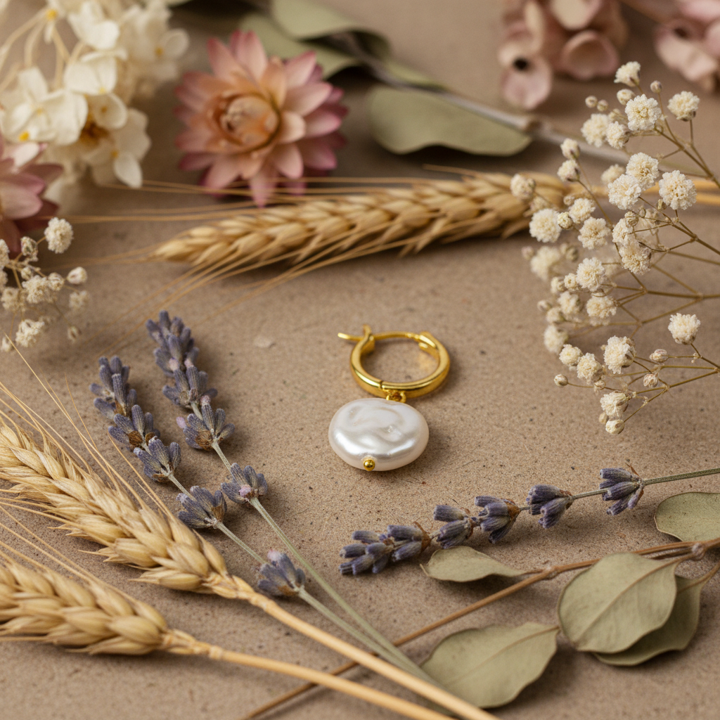 Eloree Huggie Hoop Earrings with Pearl Charm. 14K gold plated sterling silver earring product.