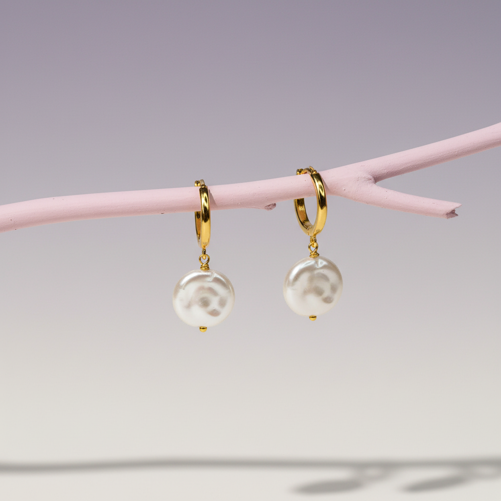 Huggie Hoop Earrings with flat Pearl Charm - 14K Gold Plated Sterling Silver