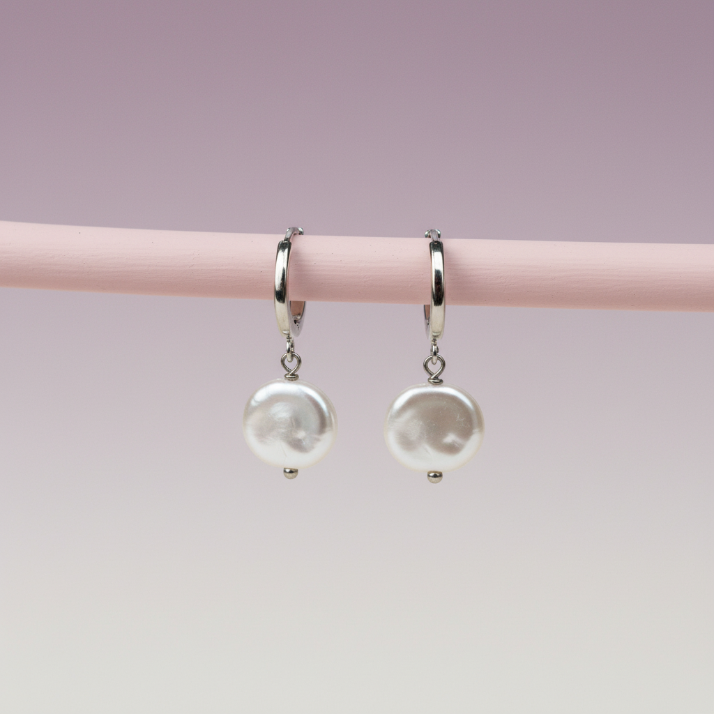 Huggie Hoop Earrings with flat Pearl Charm - Sterling Silver