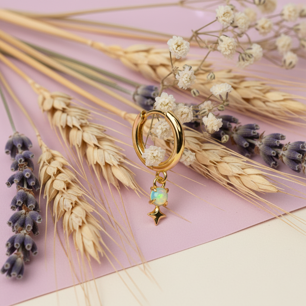 Eloree Huggie Hoop Earrings: 14K Gold Opal Star Charm. Gold plated sterling silver earring.