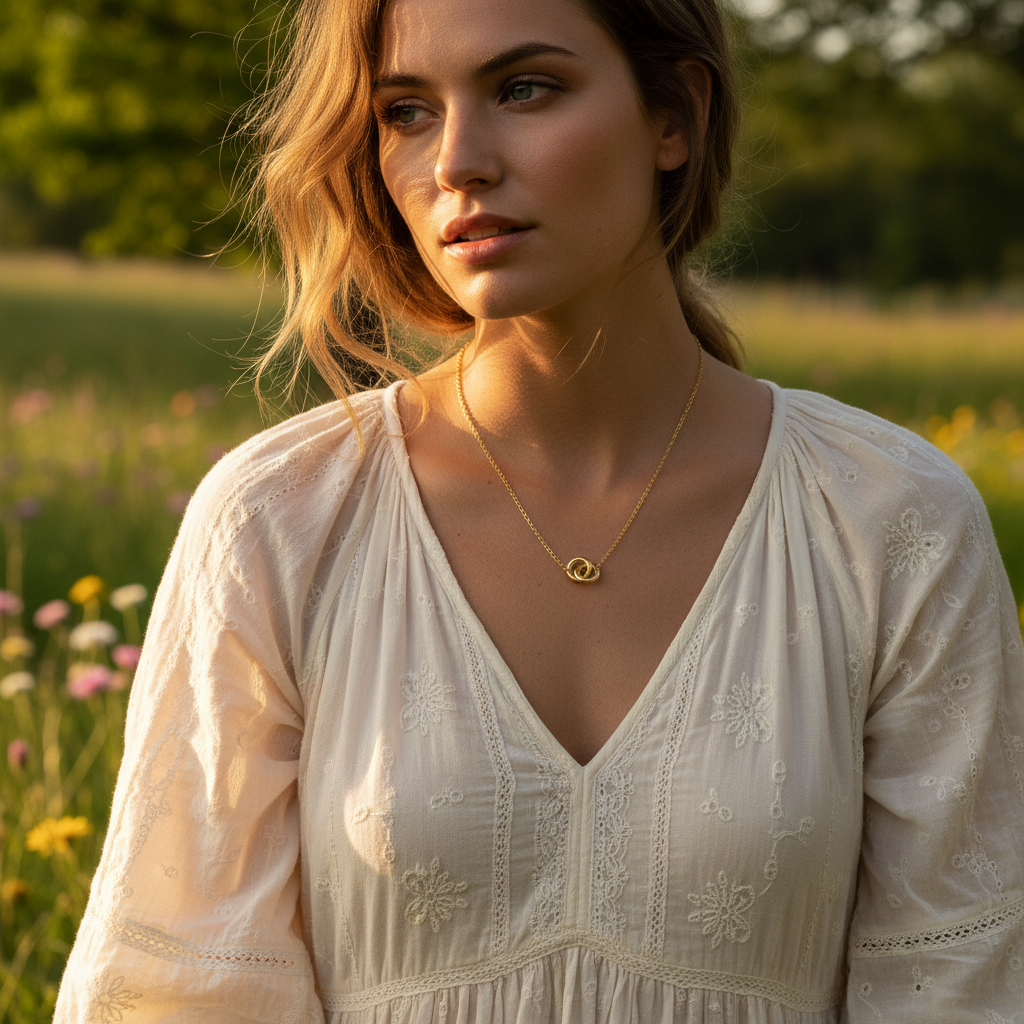 Interlocking Double Ring Necklace - 14K Gold Plated Sterling Silver