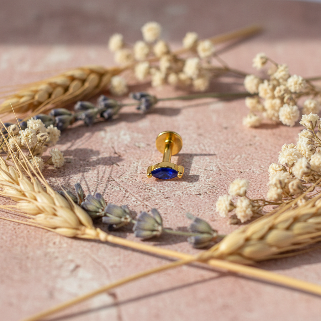 Eloree Marquise Lapis Earring. 14K gold plated flatback for conch or helix piercing.