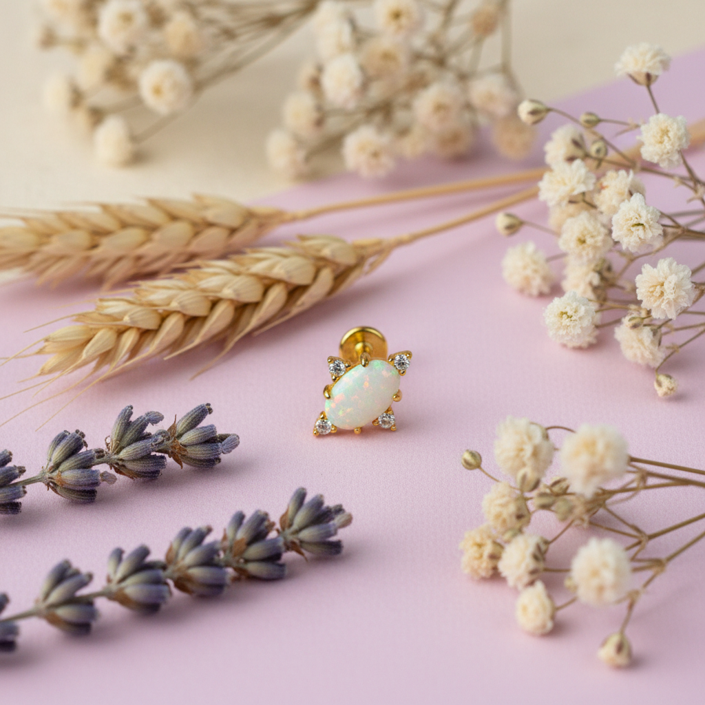 Eloree Opal Flat Back Earring. 14K Gold plated stud with cubic zirconia.