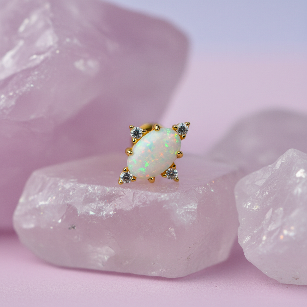 Opal Flat Back Stud Earring with Cubic Zirconia - 14K Gold Plated Sterling Silver