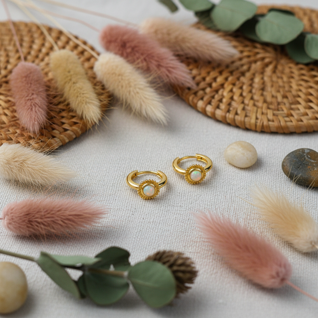 Opal Huggie Hoop Earrings - 14K Gold Plated Sterling Silver