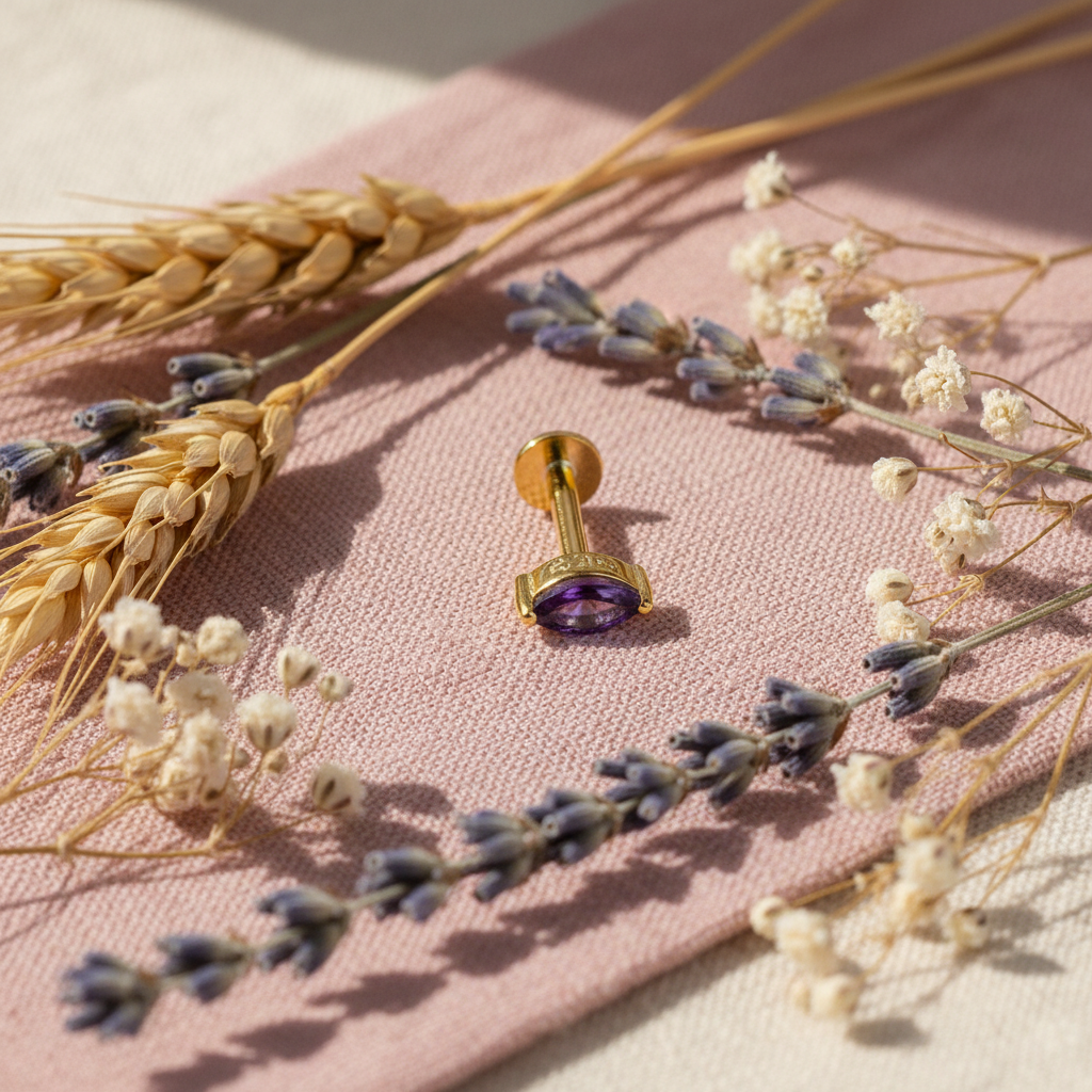 Eloree Pear Amethyst Stud Earring. 14k gold plated sterling silver earring product photo.