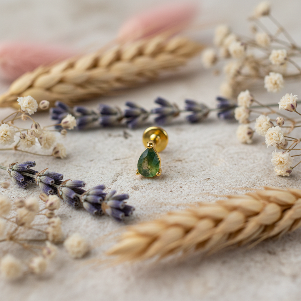 Eloree Pear Moss Agate Teardrop Stud Earrings. 14K Gold Plated Sterling Silver product image.