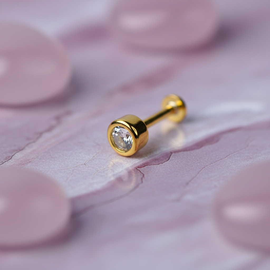 Round Bezel Set Flat Back Earring with Cubic Zirconia - 14K Gold Plated Sterling Silver