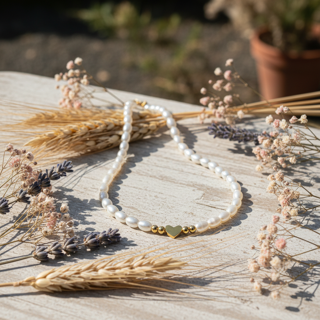 Eloree Silver Heart Charm Necklace. 14K gold plated sterling silver with pearls.