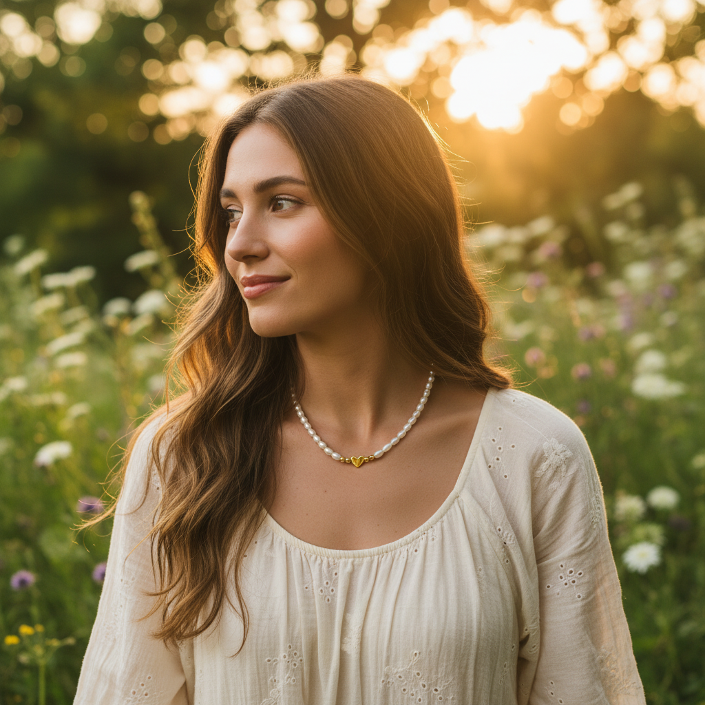 Silver Heart Charm Necklace with Pearls - 14K Gold Plated Sterling Silver