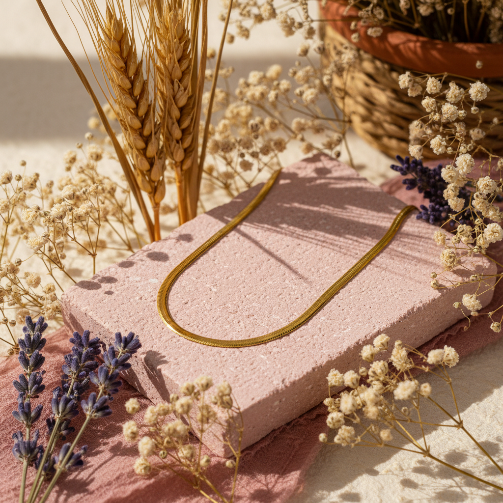 Eloree Slim Herringbone Chain Necklace. 18K gold plated sterling silver necklace.