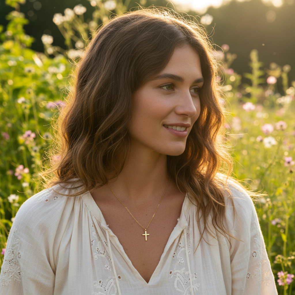 Small Cross Pendant Necklace - 14K Gold Plated Sterling Silver