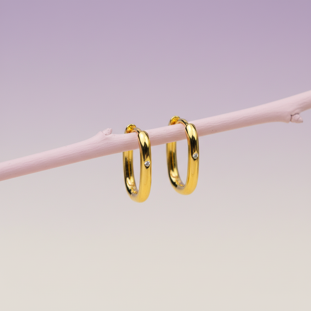 Small Huggie Hoop Earrings with Cubic Zirconia - 14K Gold Plated Sterling Silver
