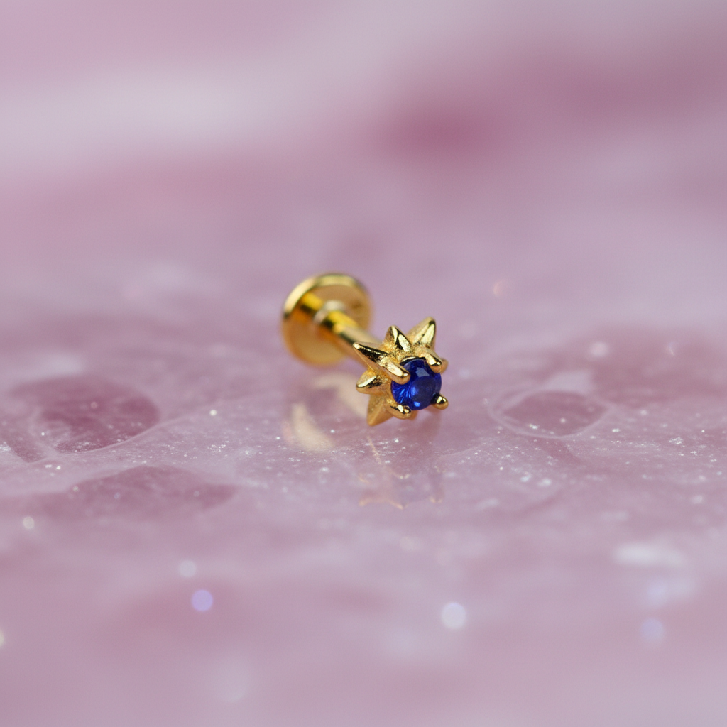 Star Set Flat Back Earring with Lapis Lazuli - 14K Gold Plated Sterling Silver