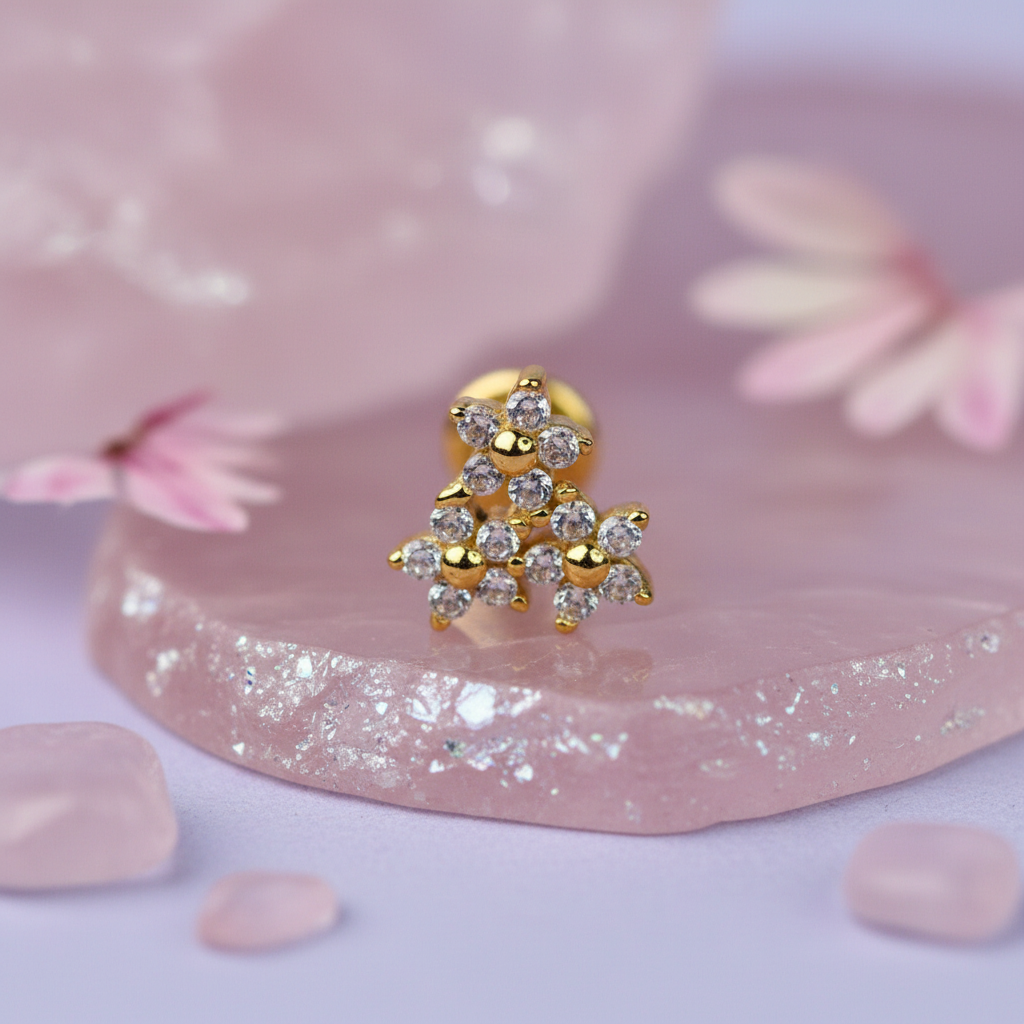 Triple Flower Flat Back Earring with Cubic Zirconia - 14K Gold Plated Sterling Silver