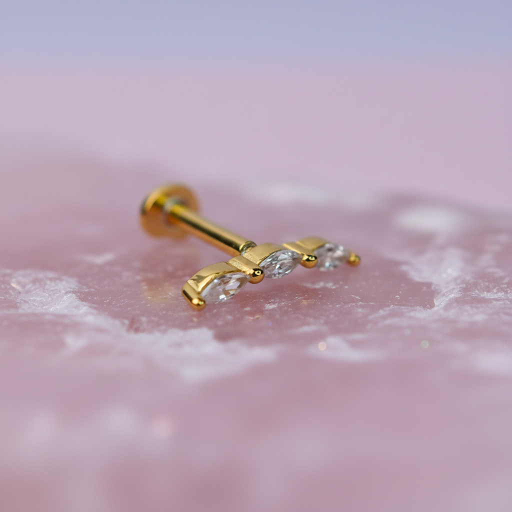 Triple Marquise Curved Flat Back Earring with Cubic Zirconia - 14K Gold Plated Sterling Silver