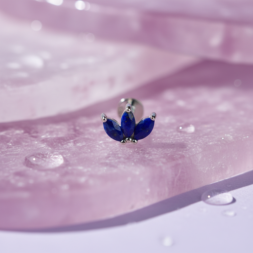 Triple Marquise Curved Flat Back Earring with Lapis Lazuli - Sterling Silver