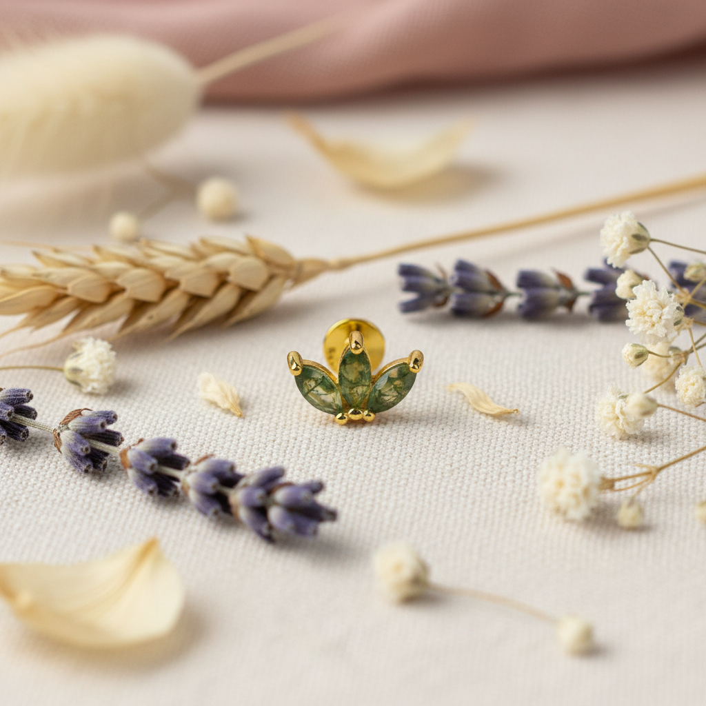 Eloree Triple Marquise Moss Agate Flat Back Stud. 14K gold plated earring.