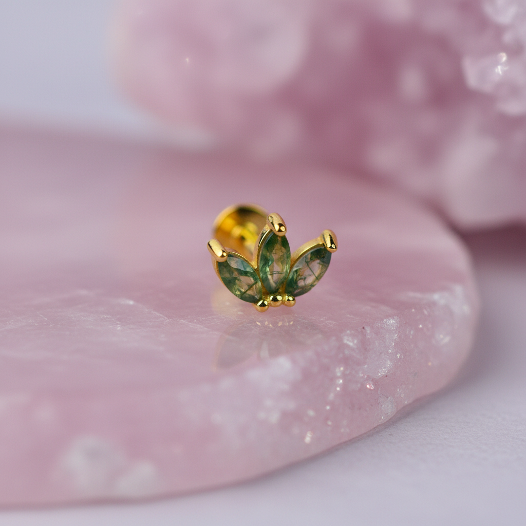 Triple Marquise Flat Back Stud Earring with Moss Agate - 14K Gold Plated Sterling Silver