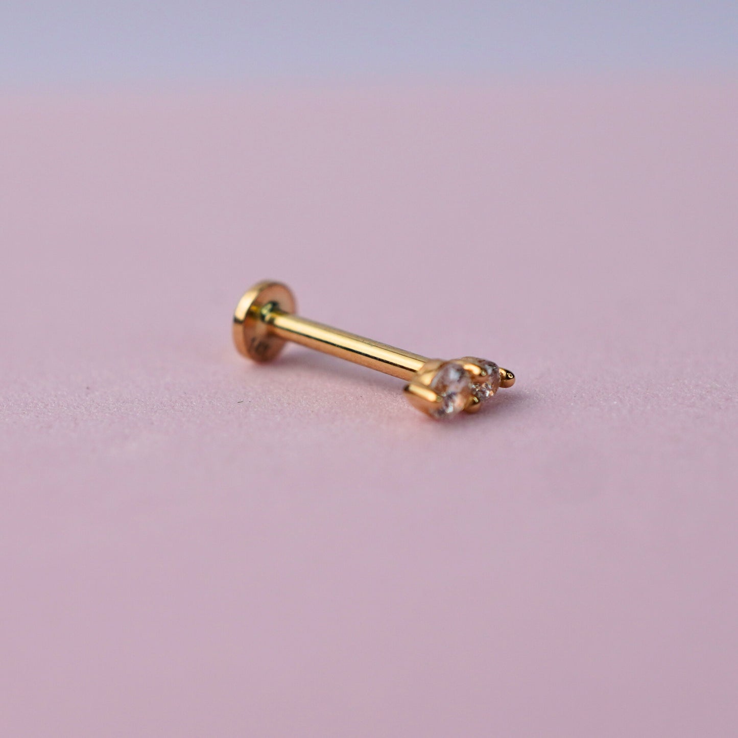 Double Stone Stud Flat back Earring with Cubic Zirconia - 14K Gold Plated Sterling Silver