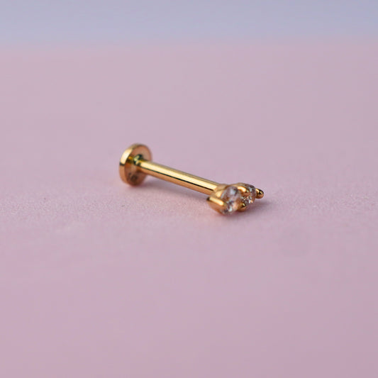 Double Stone Stud Flat back Earring with Cubic Zirconia - 14K Gold Plated Sterling Silver