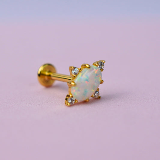 Opal Flat Back Stud Earring with Cubic Zirconia - 14K Gold Plated Sterling Silver